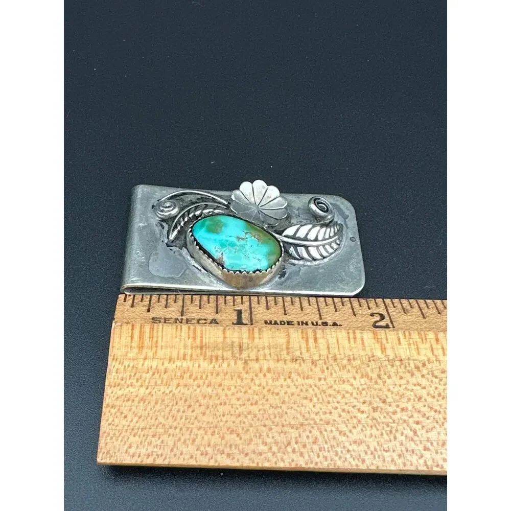 Vintage Navajo Style Sterling Silver Turquoise Money Clip Leaf & Flower Design